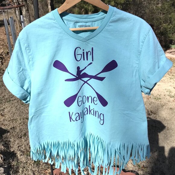 Summer Shirt, Size Large: Upcycled Cut Out Back Top, Edgy Fashion, Girl Kayaking - Picture 1 of 9